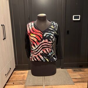 Early 2000s Y2K Abstract Swirl V Neck Top Medium